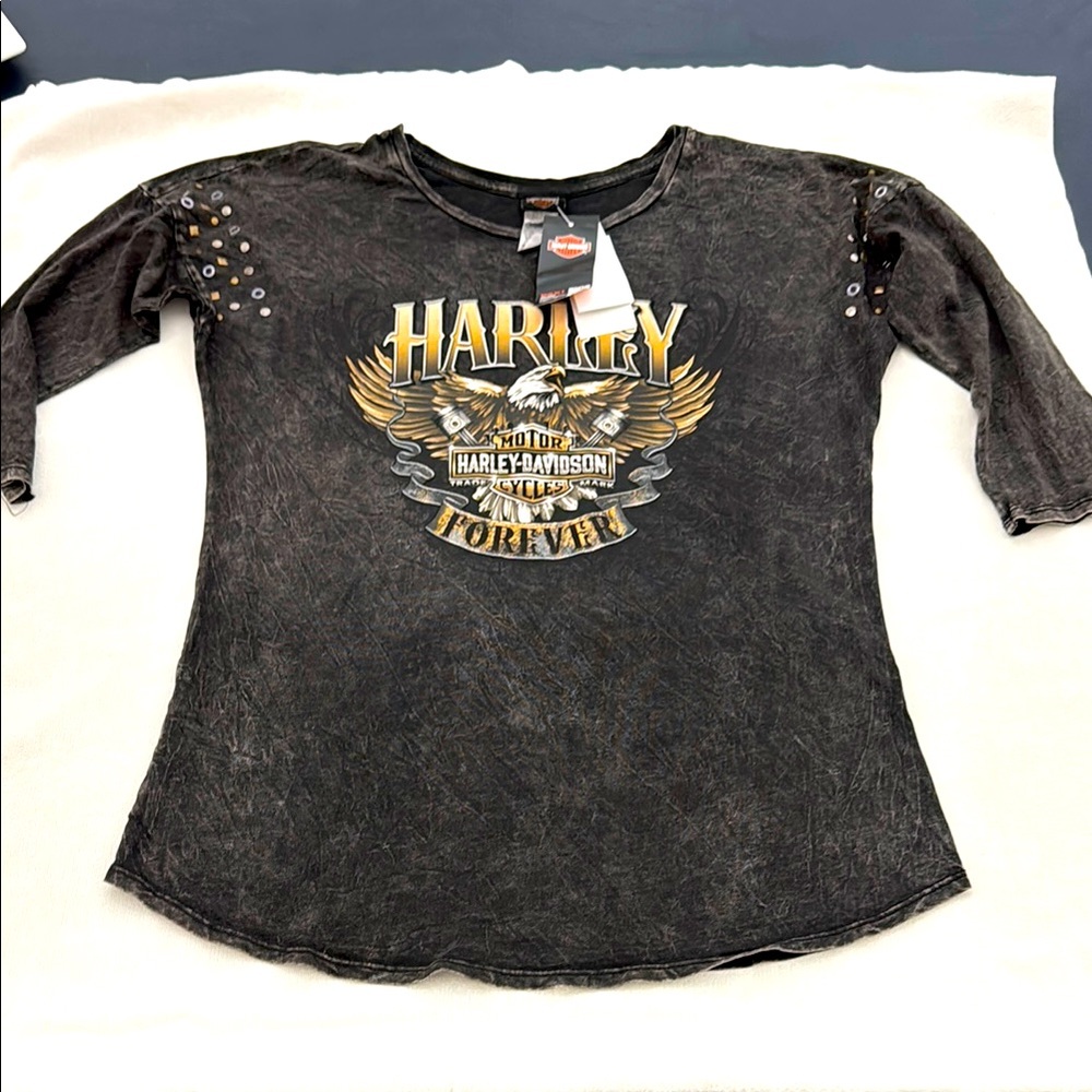Harley-Davidson Distressed Black Tee with Gold Accents, 3/4 sl El Paso, TX (mlb)